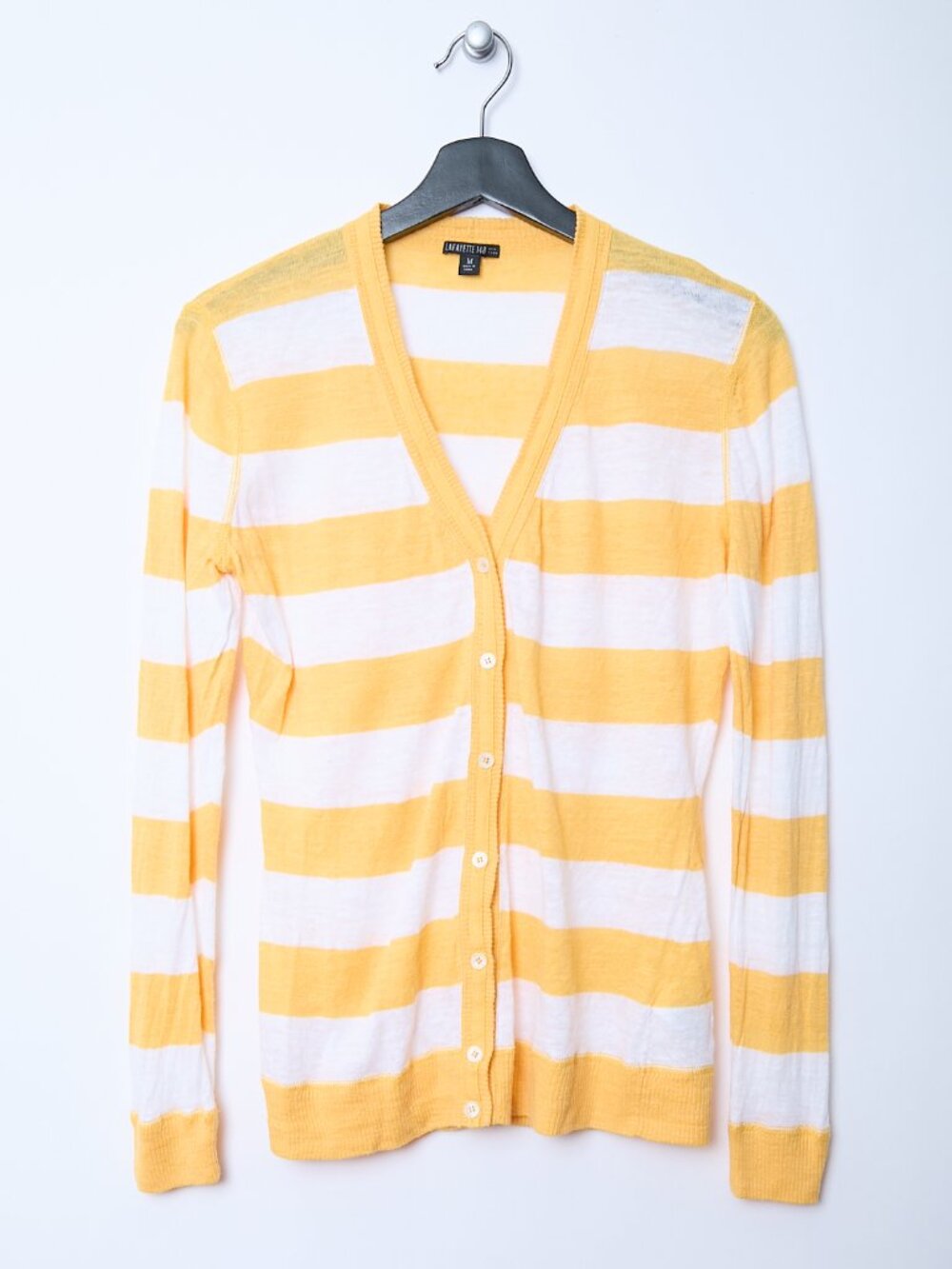 Lafayette 148 Linen Cotton Yellow White Striped Cardigan Sweater Medium Preppy